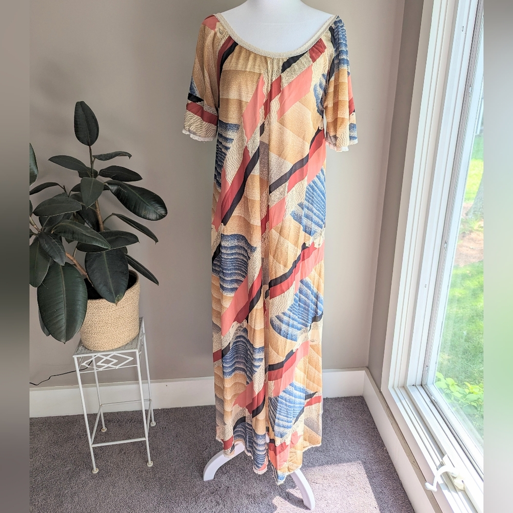 Handmade vintage Kaftan MooMoo Maxi Dress Abstract One Size fits most